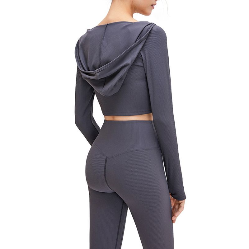 Tight-fitting Hooded Ribbed Yoga Top